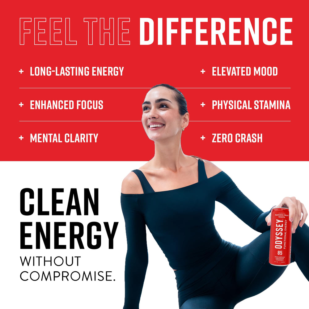 Odyssey Elixir passion fruit orange guava flavor can for a refreshing plant-based drink