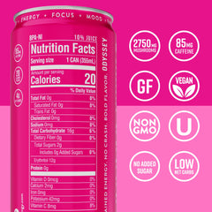 Odyssey Elixir front-label closeup highlights plant-based formula for clean energy.