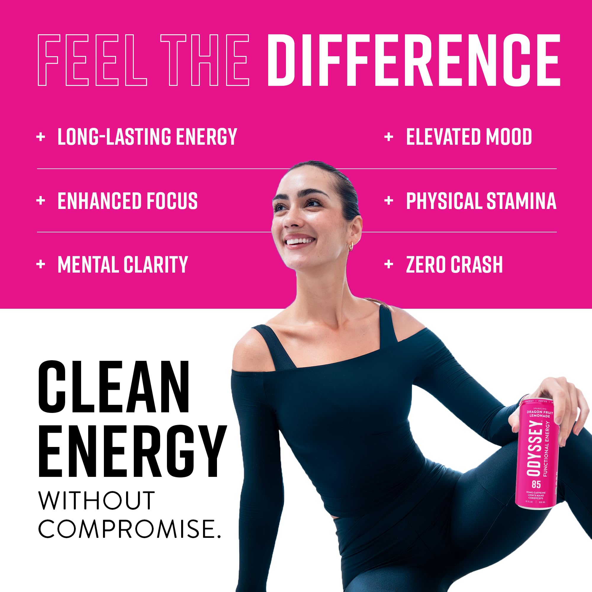 Odyssey Elixir green tea caffeine icon signaling a lower caffeine per can for daily use.