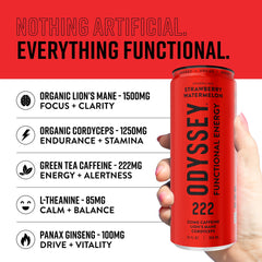 Odyssey Elixir Odyssey 222 bottle on shelf signals vegan, non-GMO formula.