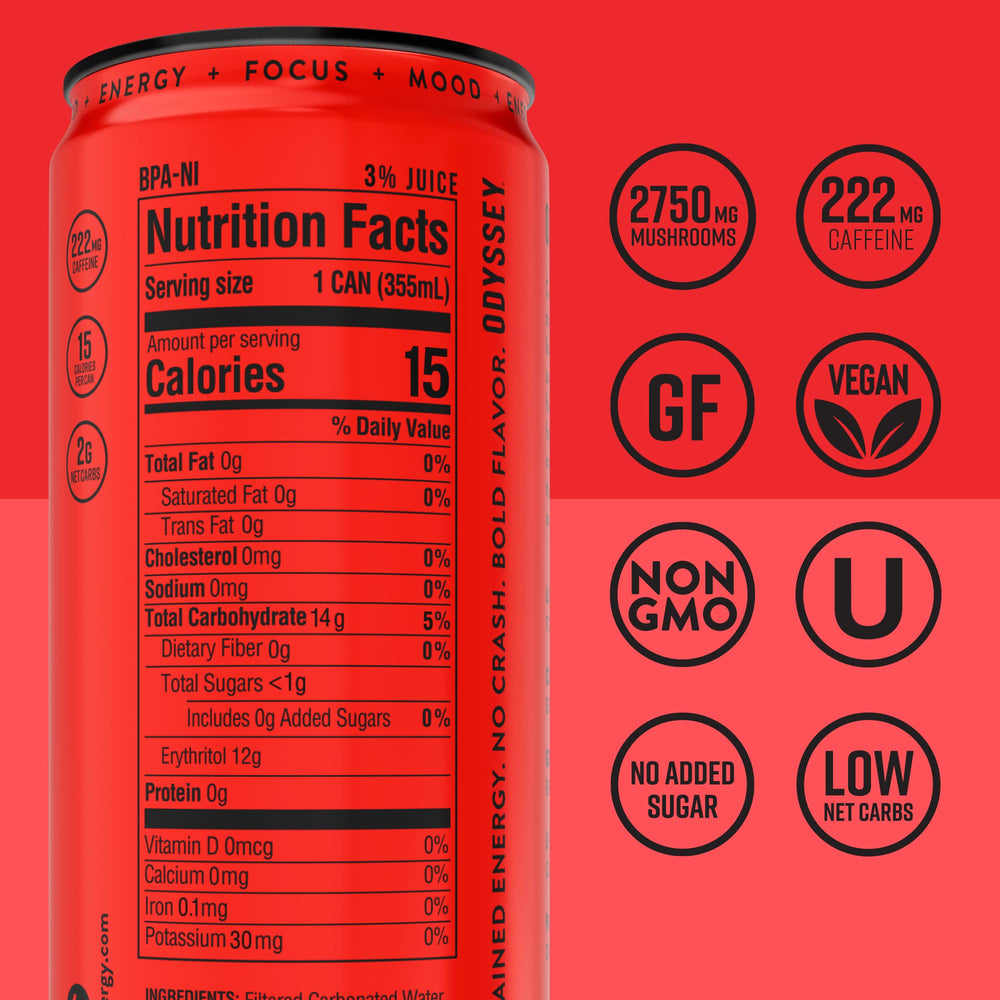 Odyssey Elixir Odyssey 222 strawberry watermelon label highlights real fruit ingredients for clean energy.