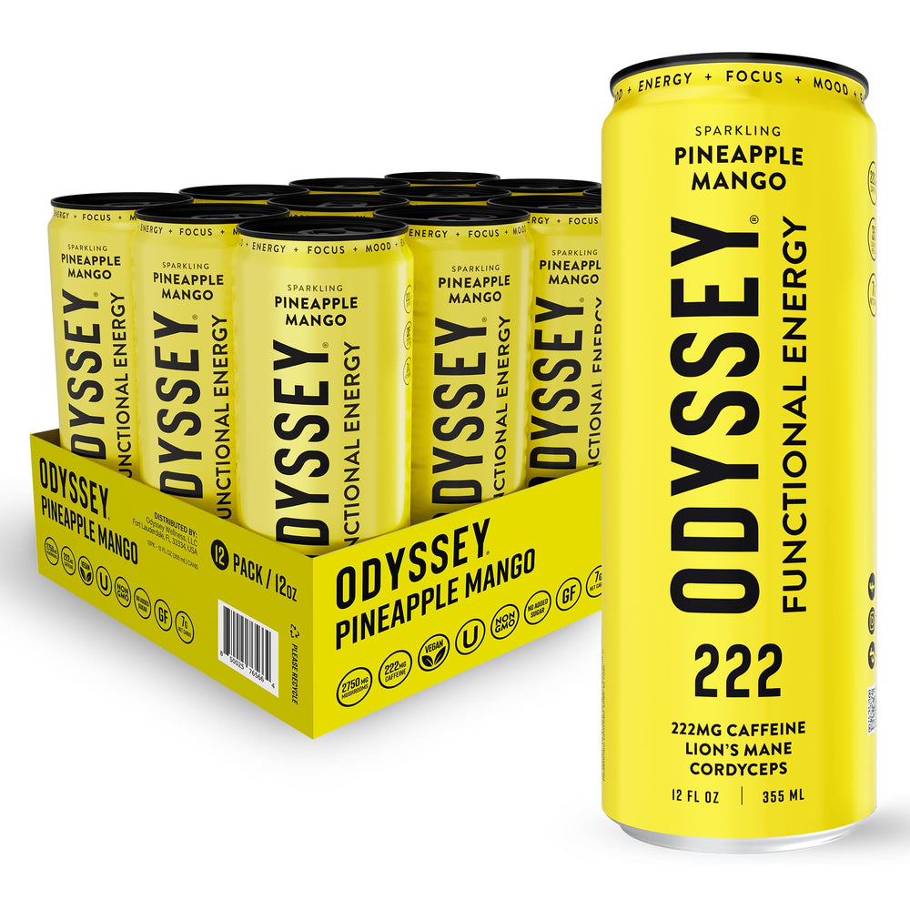 Odyssey Elixir Pineapple Mango can showing sparkling energy for focus and mood