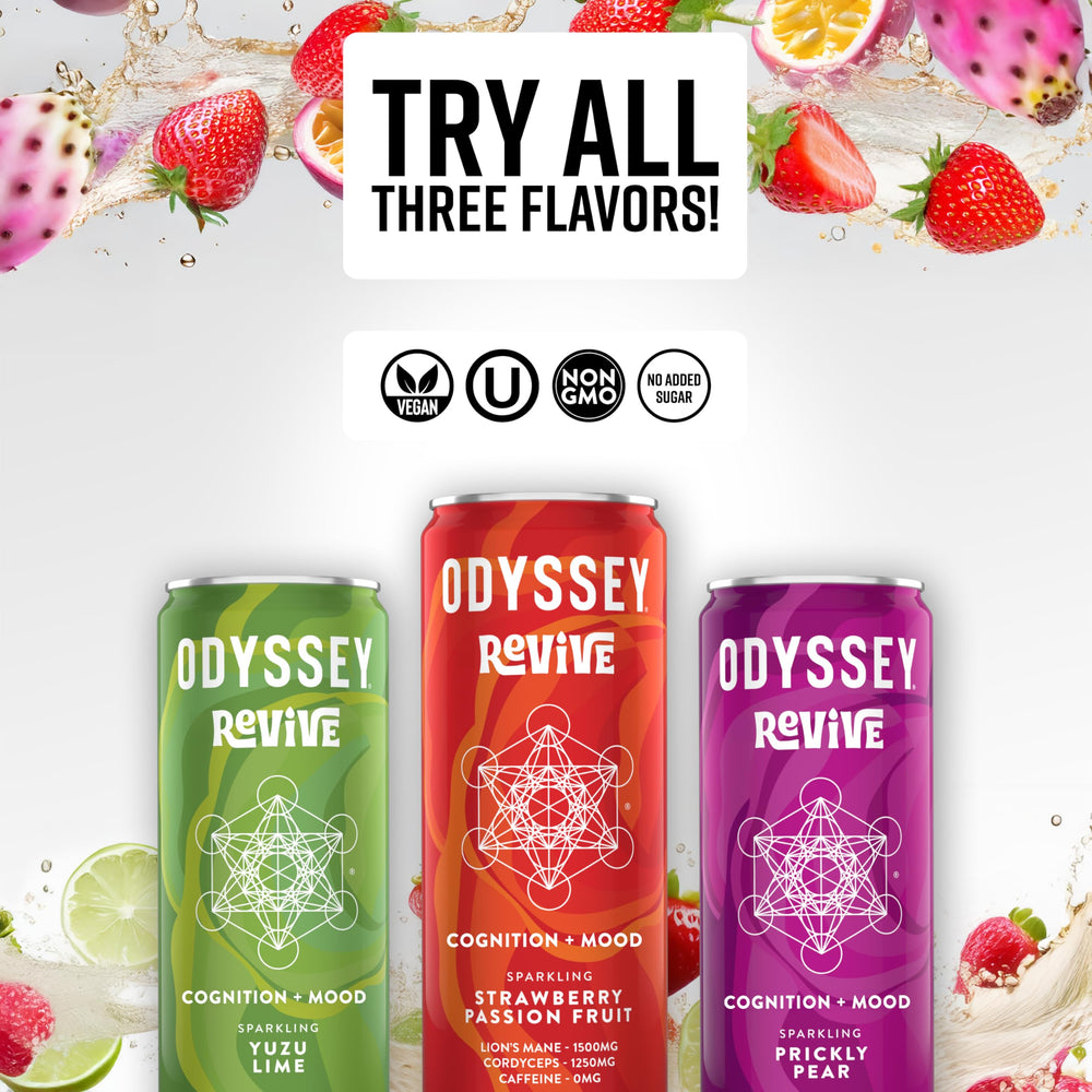 Odyssey Elixir Revive ingredients graphic highlights magnesium, zinc, and vitamin C.