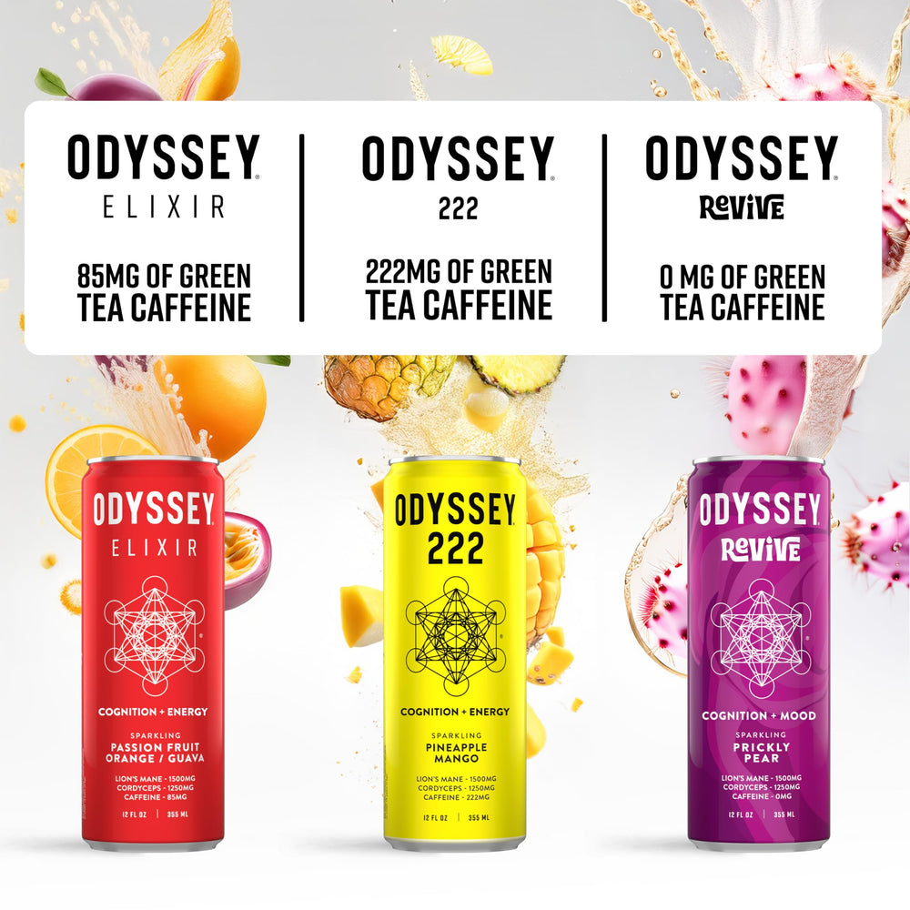 Odyssey Elixir Revive serving idea with glass and bubbles suggests refreshment.