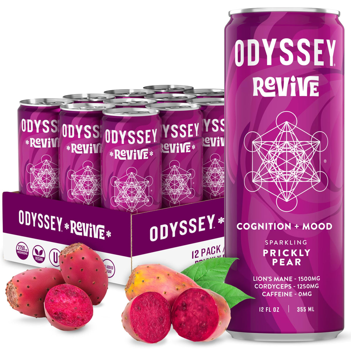 Odyssey Elixir Revive bottle shows prickly pear flavor for hydration and mood support.