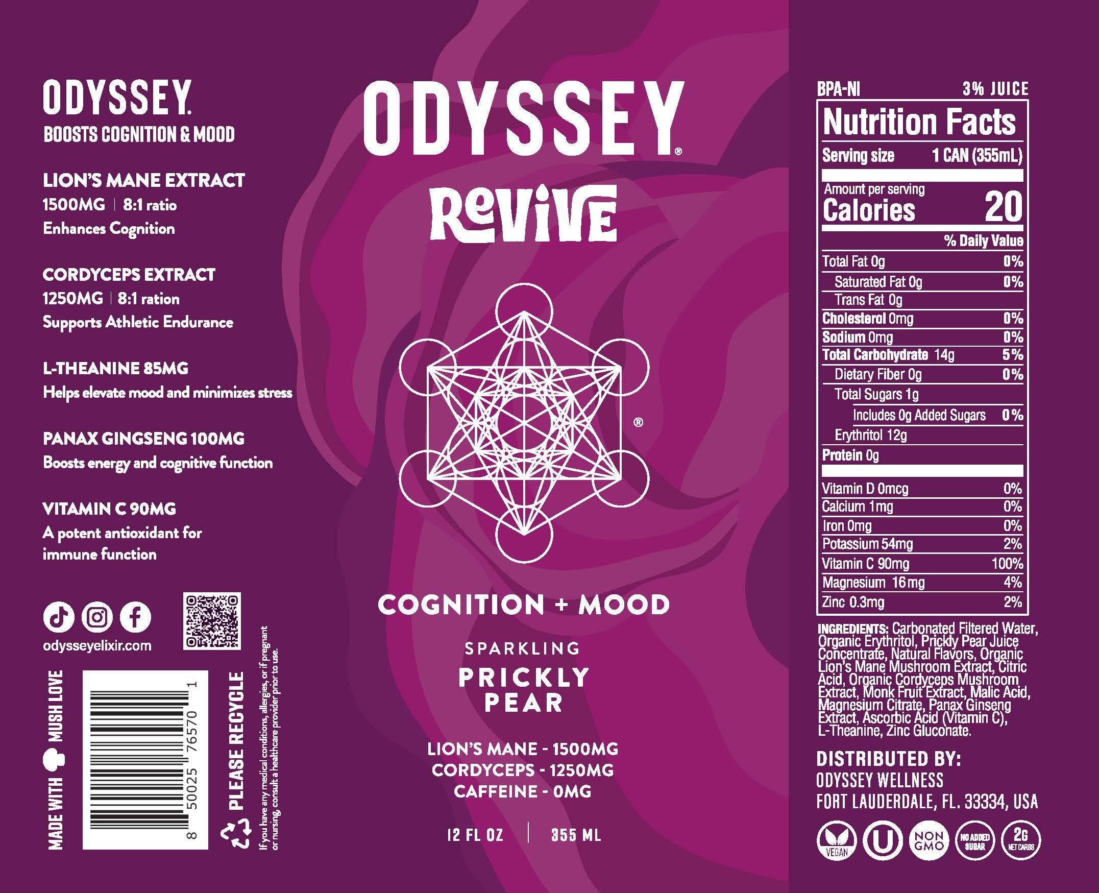 Odyssey Elixir Revive can close-up highlights caffeine-free energy and electrolyte blend.