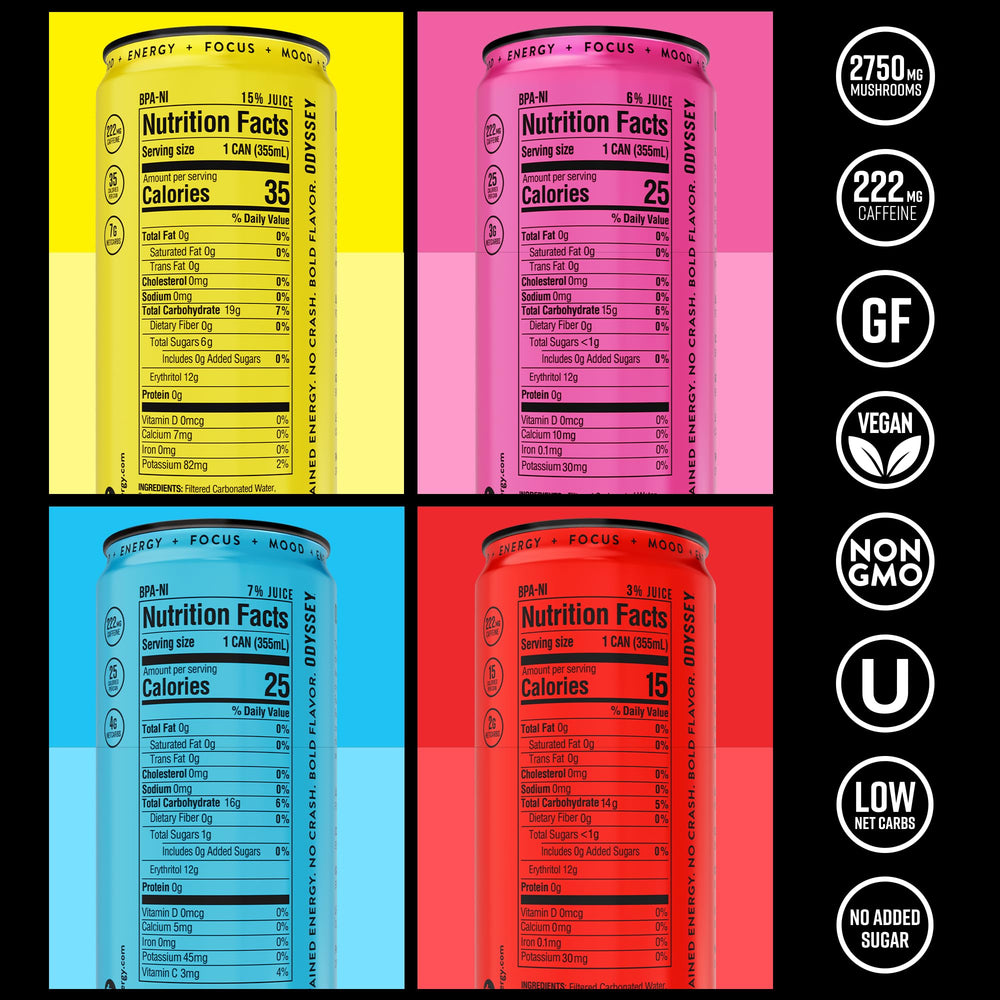 Odyssey Elixir variety-pack box showing multiple flavors
