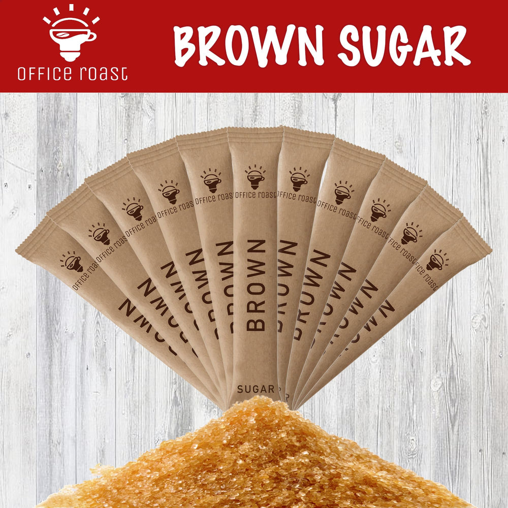 Office Roast dark brown sugar packets ideal for on-the-go sweetening.