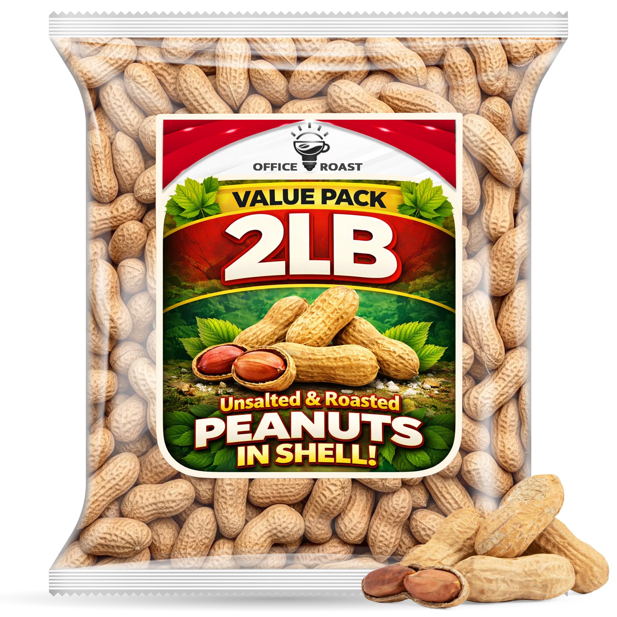 Office Roast peanuts in shell, 2lb bulk pack, ideal for sharing at the desk.