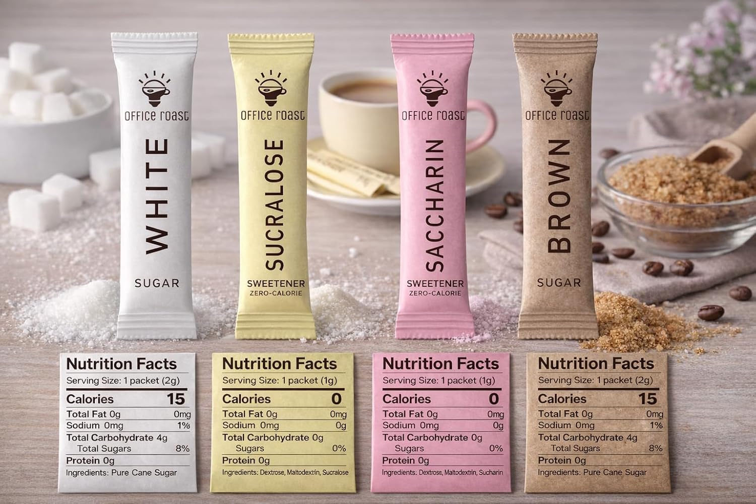 Saccharin packets from Office Roast offer calorie-free sweetness for mindful sipping.