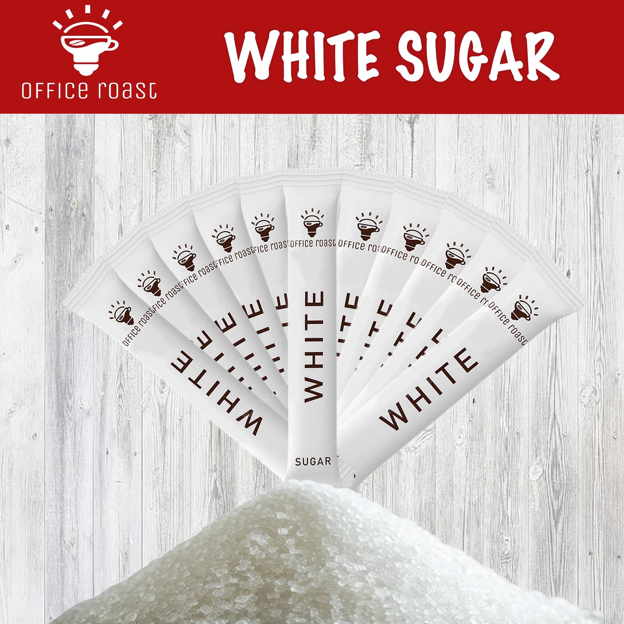 Close-up of Office Roast sugar sticks packets for coffee and tea.