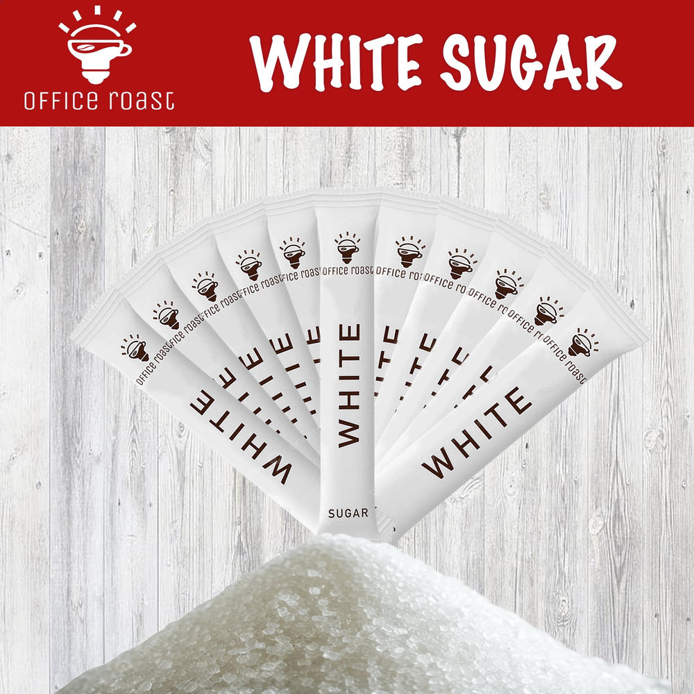 Close-up of Office Roast sugar sticks packets for coffee and tea.