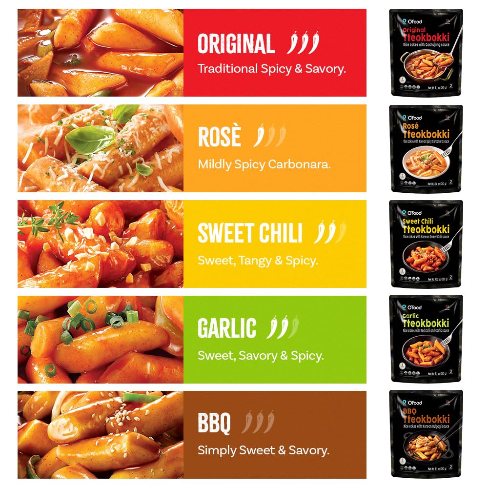 O’Food Tteokbokki flavors close-up shows vibrant sauces ready to heat.