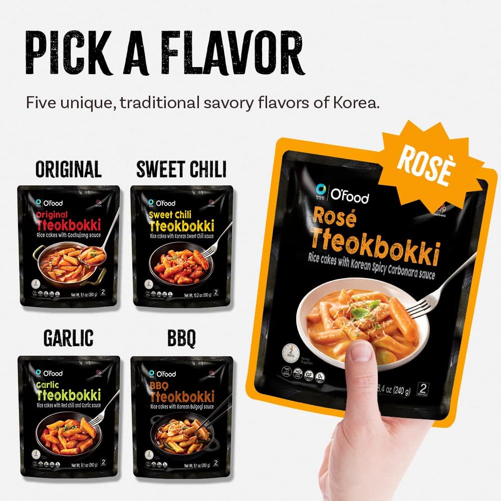 O’Food Tteokbokki gluten-free label on packaging signals a light option.