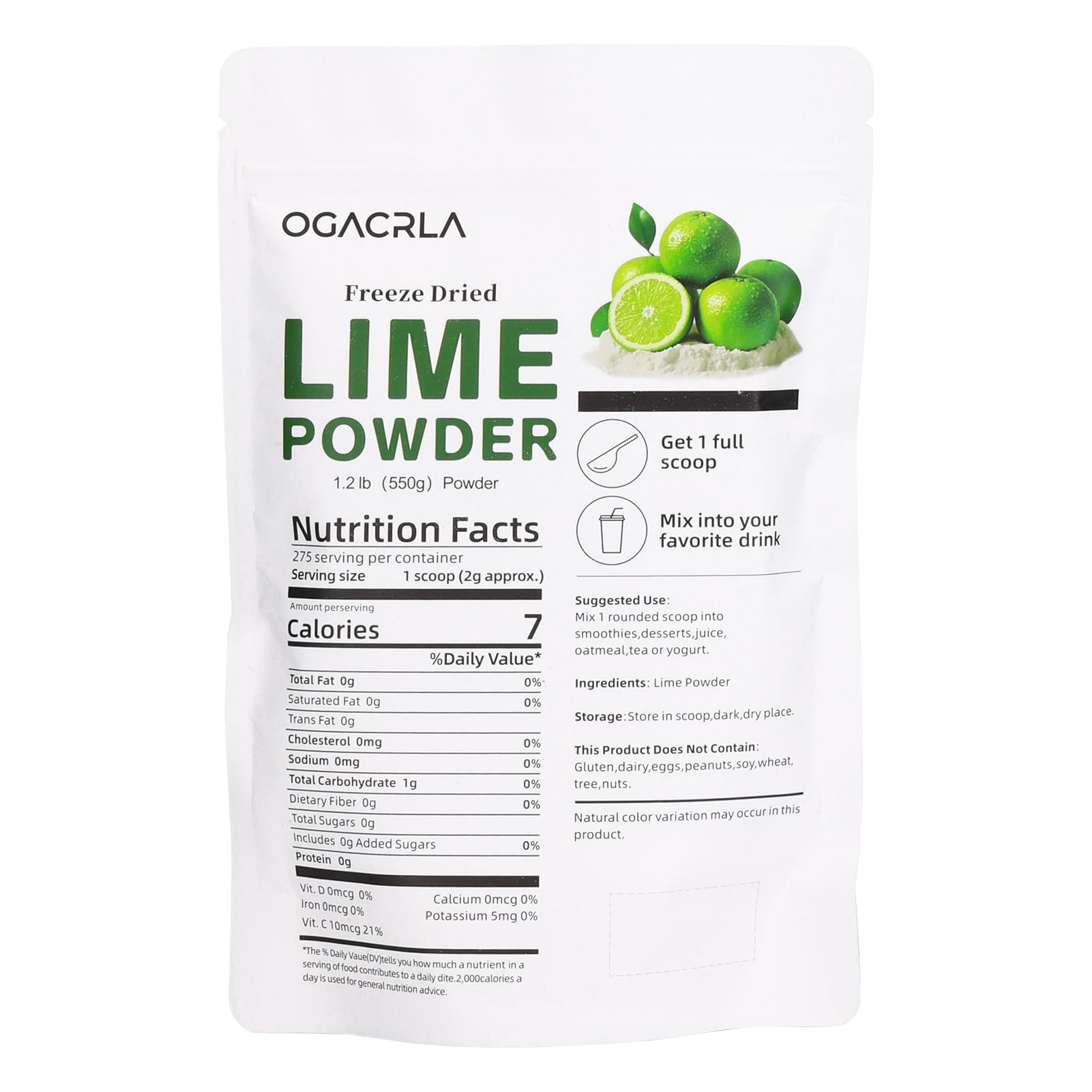 OGACRLA Lime Powder packaging close-up highlights convenient 1.25 lb bag