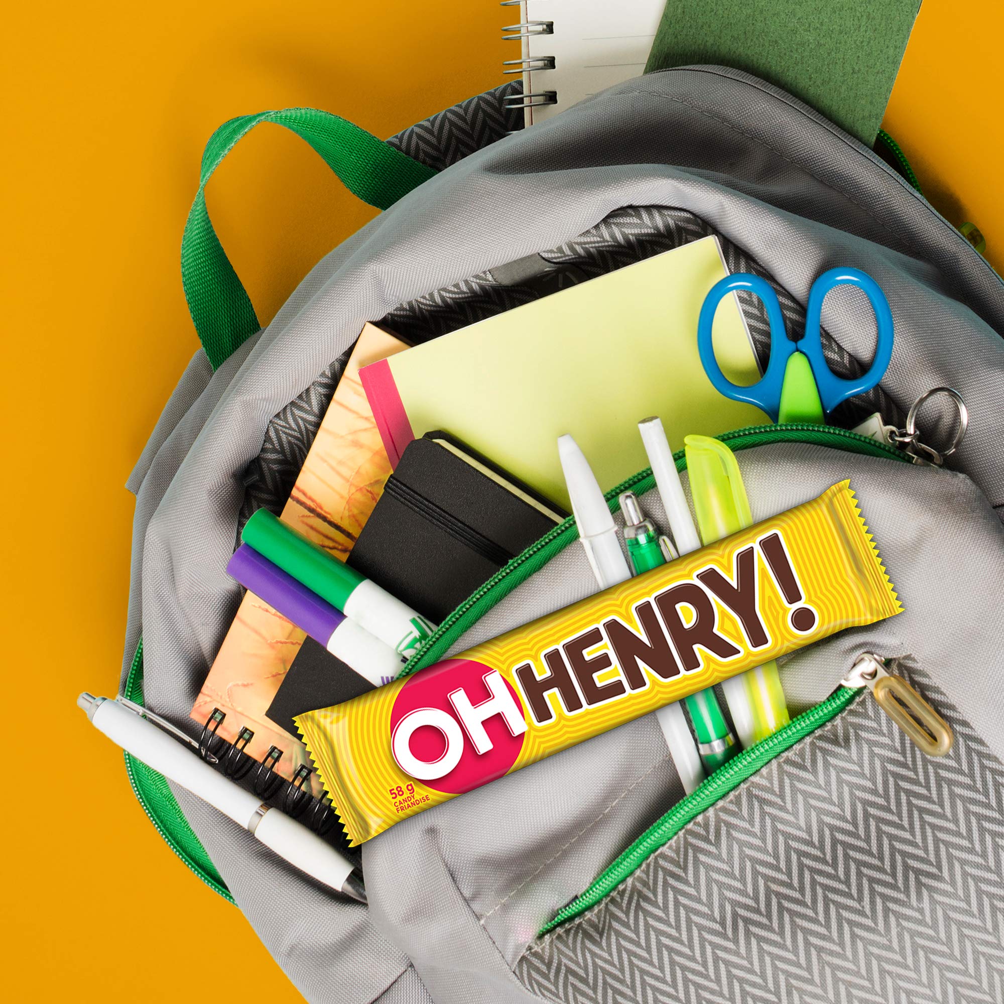 Oh Henry! bars chocolate coating provides smooth, lasting finish.