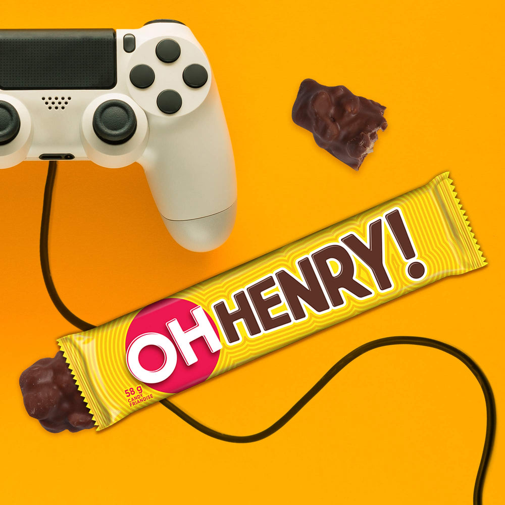 Oh Henry! bars fudge chewy interior with rich flavor.