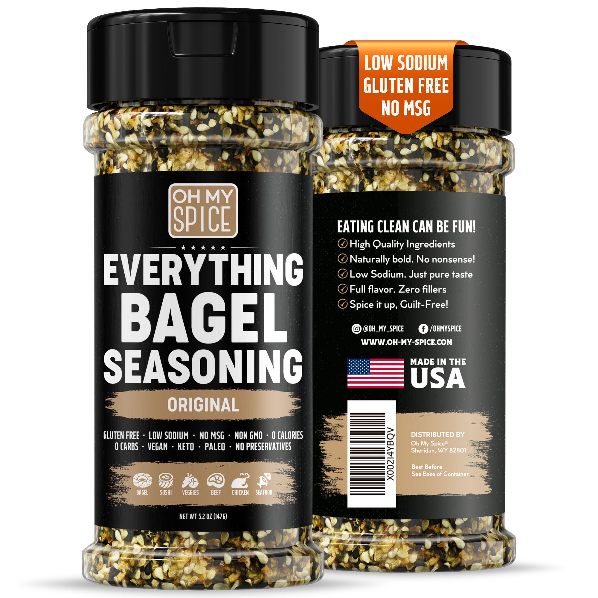 Oh My Spice Everything Bagel Seasoning bottle adds bold gluten-free flavor to meals.
