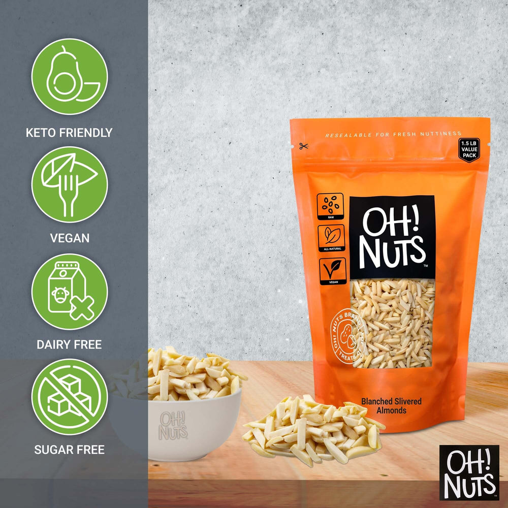 Oh! Nuts almonds in open bag, crisp texture ready for snacking.