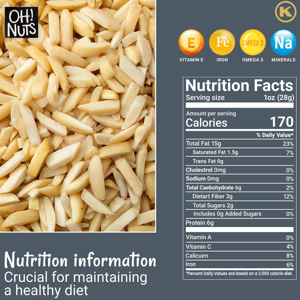 Oh! Nuts blanched slivered almonds in orange bag, ideal for healthy snacking.
