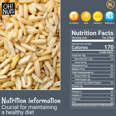 Oh! Nuts blanched slivered almonds in orange bag, ideal for healthy snacking.