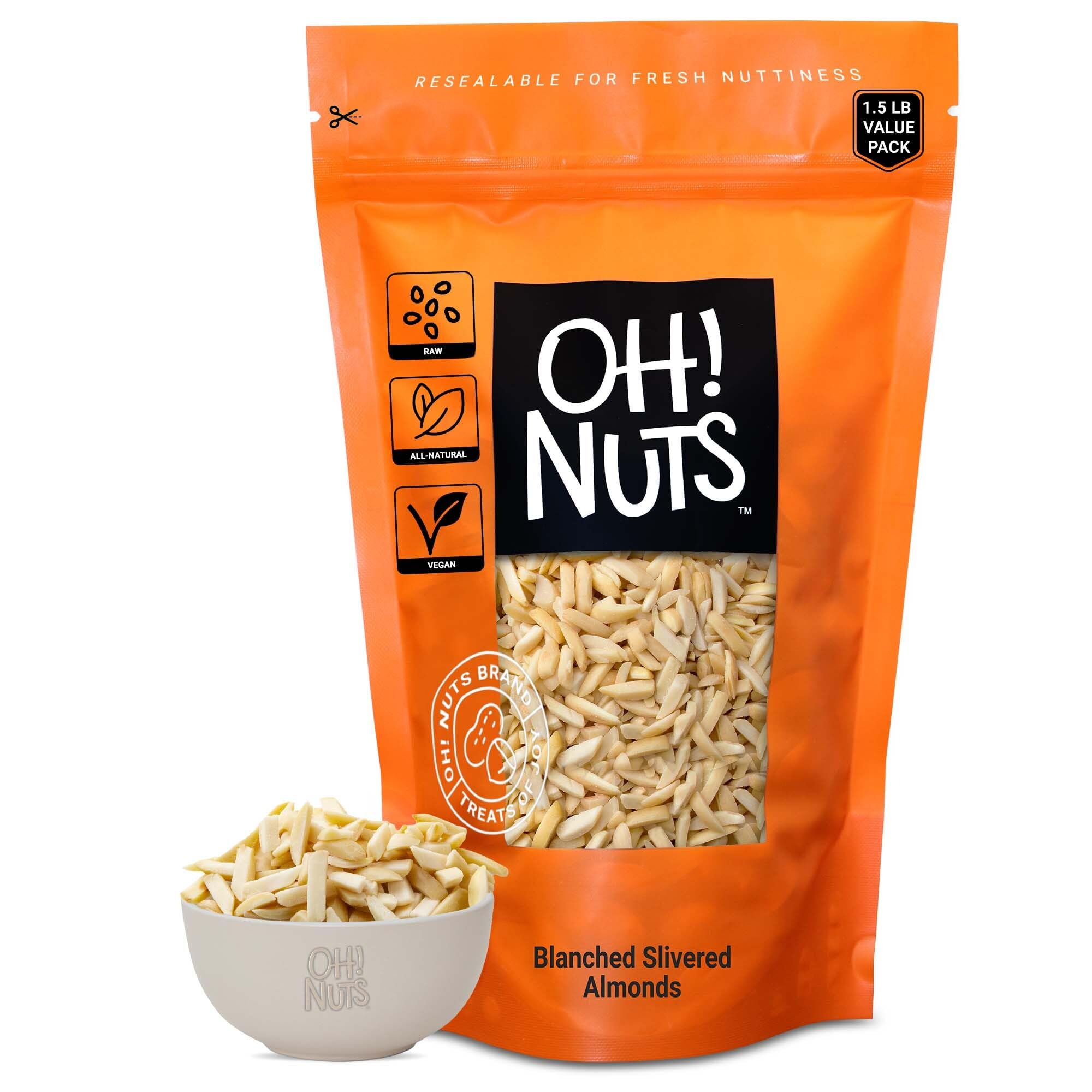 Oh! Nuts blanched slivered almonds in teal bag, perfect for salads.