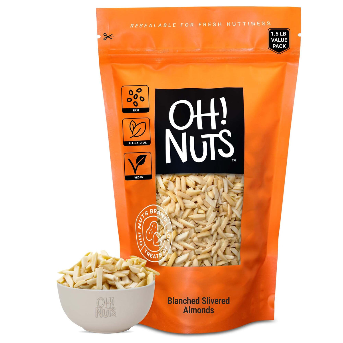 Oh! Nuts blanched slivered almonds in teal bag, perfect for salads.
