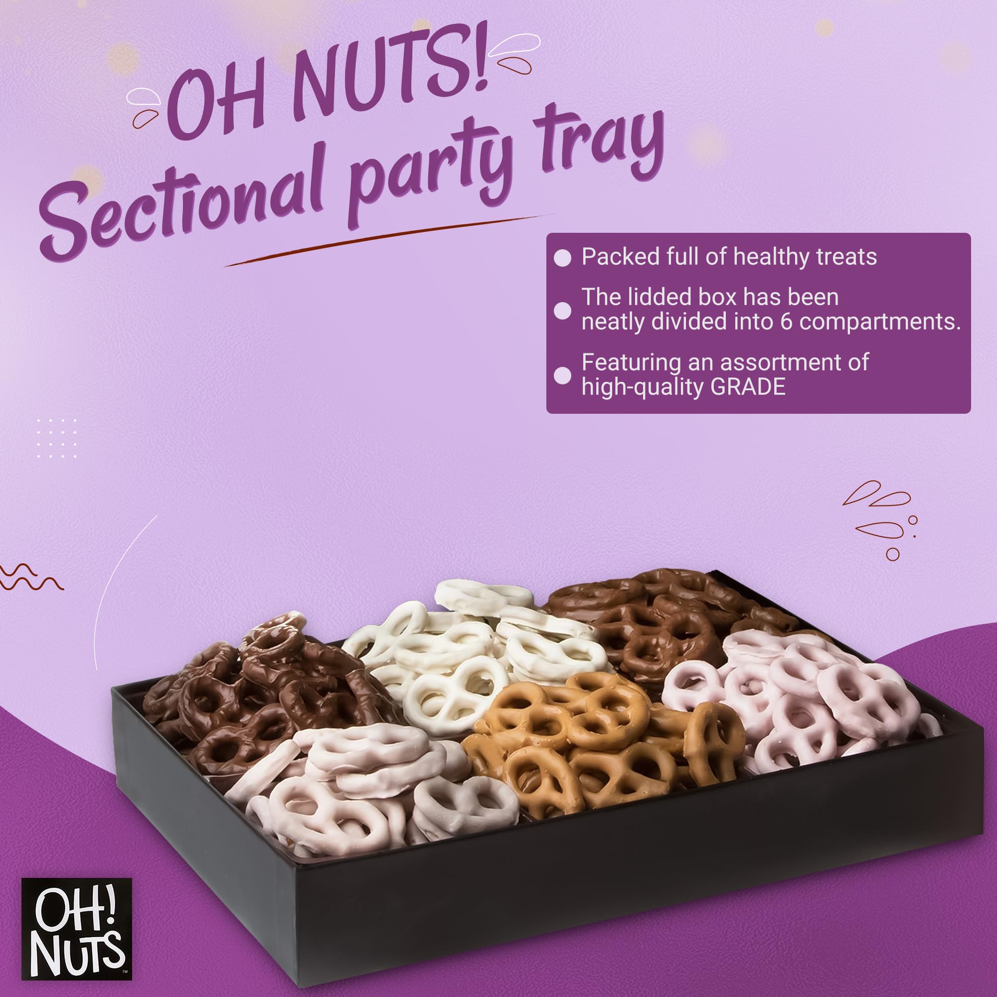 Artisan dipped pretzels tray from Oh! Nuts with premium flavors for sharing.