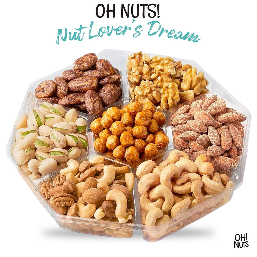 Oh! Nuts assorted nuts tray closeup highlights texture and freshness for snacking.