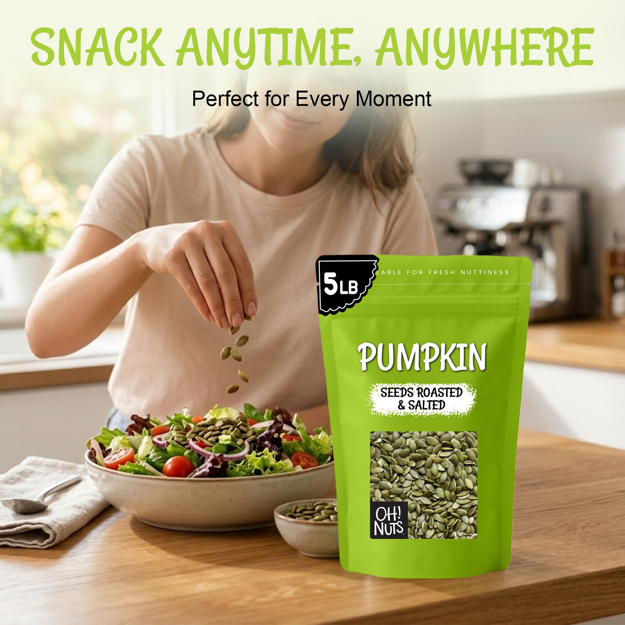 Oh! Nuts bulk bag on a kitchen shelf keeps pepitas easy to store.