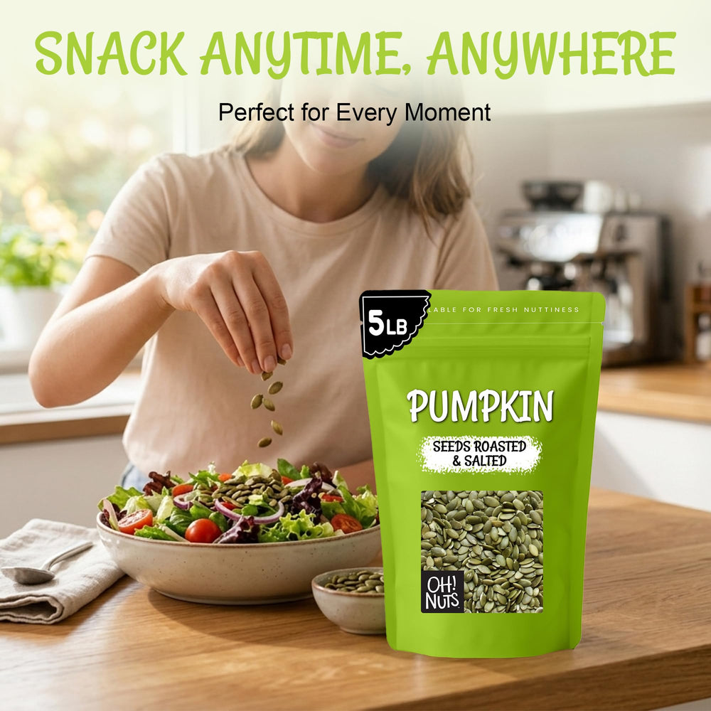 Oh! Nuts bulk bag on a kitchen shelf keeps pepitas easy to store.