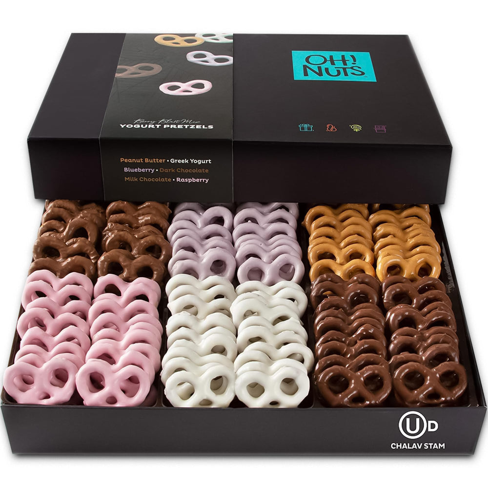 Oh! Nuts chocolate covered pretzels gift basket in a black box, ideal for gifting.