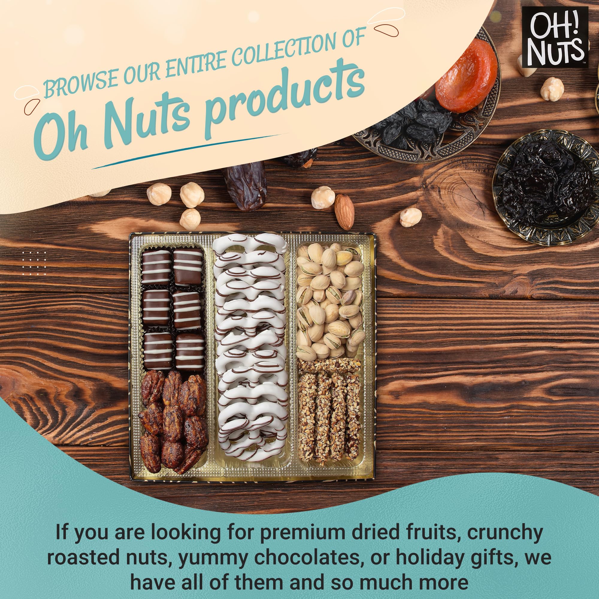 Oh! Nuts chocolate and nut assortment on a shelf-ready tin.