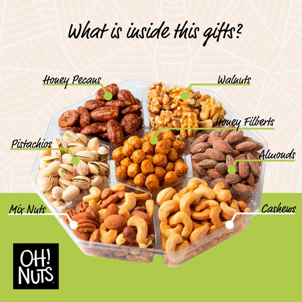Oh! Nuts clear-lidded sectioned tray presents organized, elegant snack display.