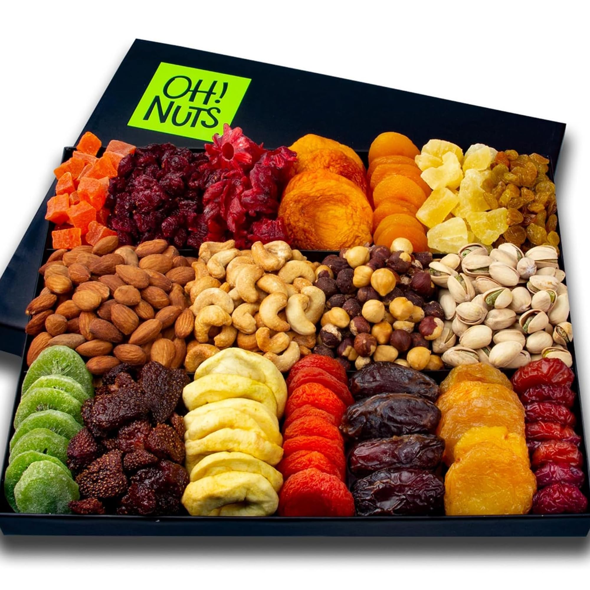 Oh! Nuts gift basket open with 18 varieties of fruits and nuts for gifting