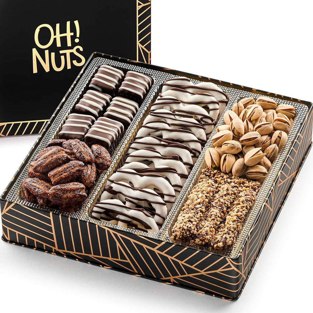 Oh! Nuts gift basket top view with chocolates and nuts for gifting.