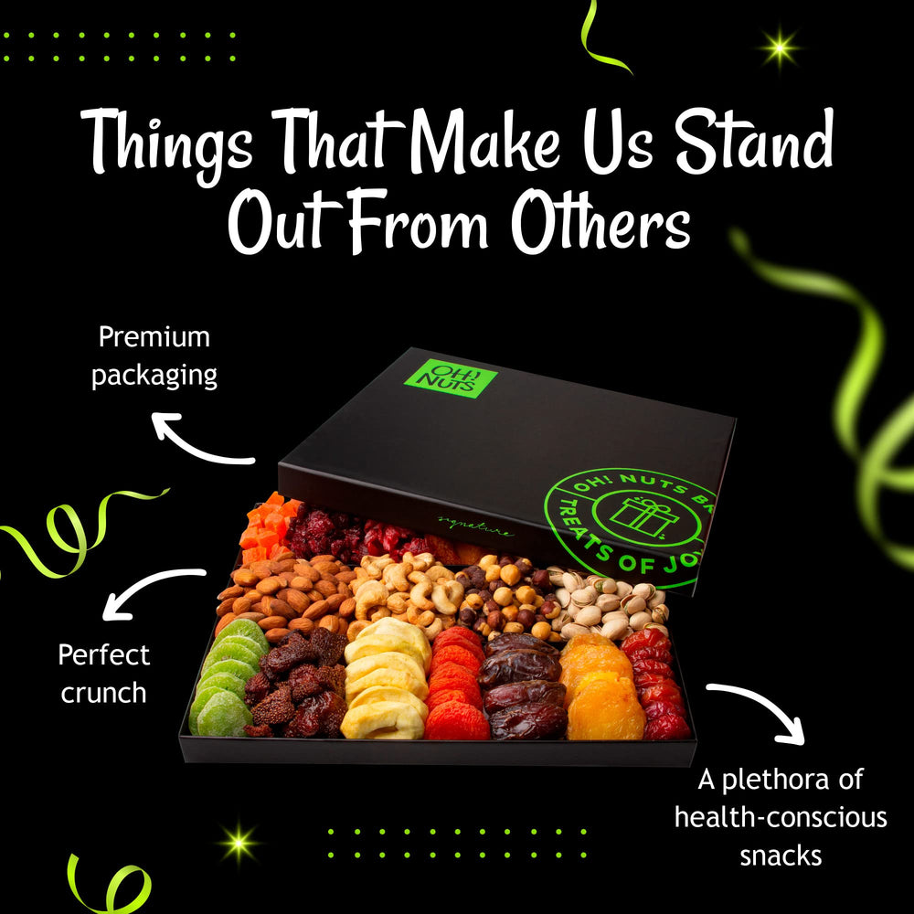 Oh! Nuts 18-item fruit and nut set displayed in a luxe gift presentation