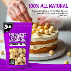 Oh! Nuts macadamia nuts bag-open pile on counter emphasizes convenience
