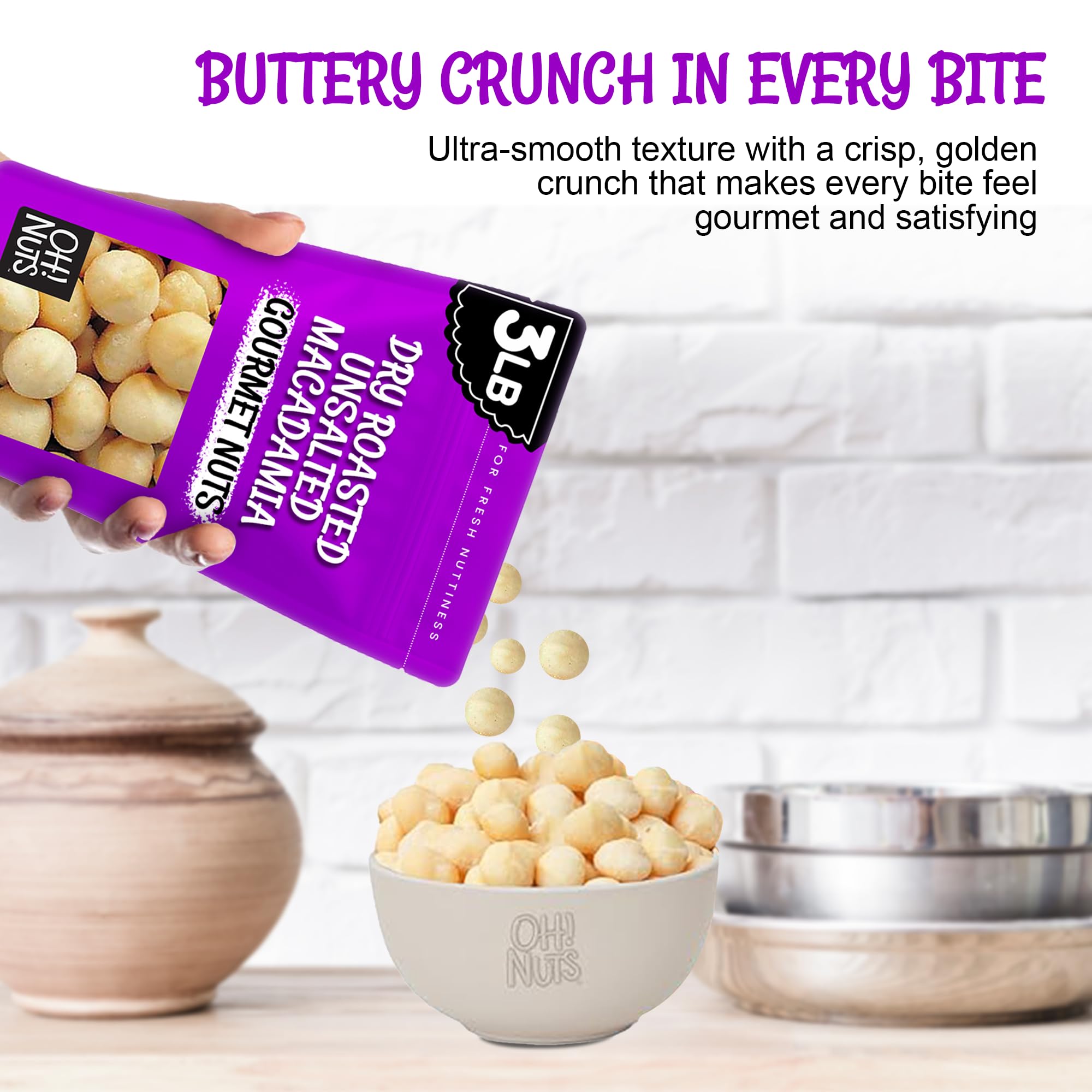Oh! Nuts macadamia nuts healthful-fat visual conveys heart-friendly snacking option