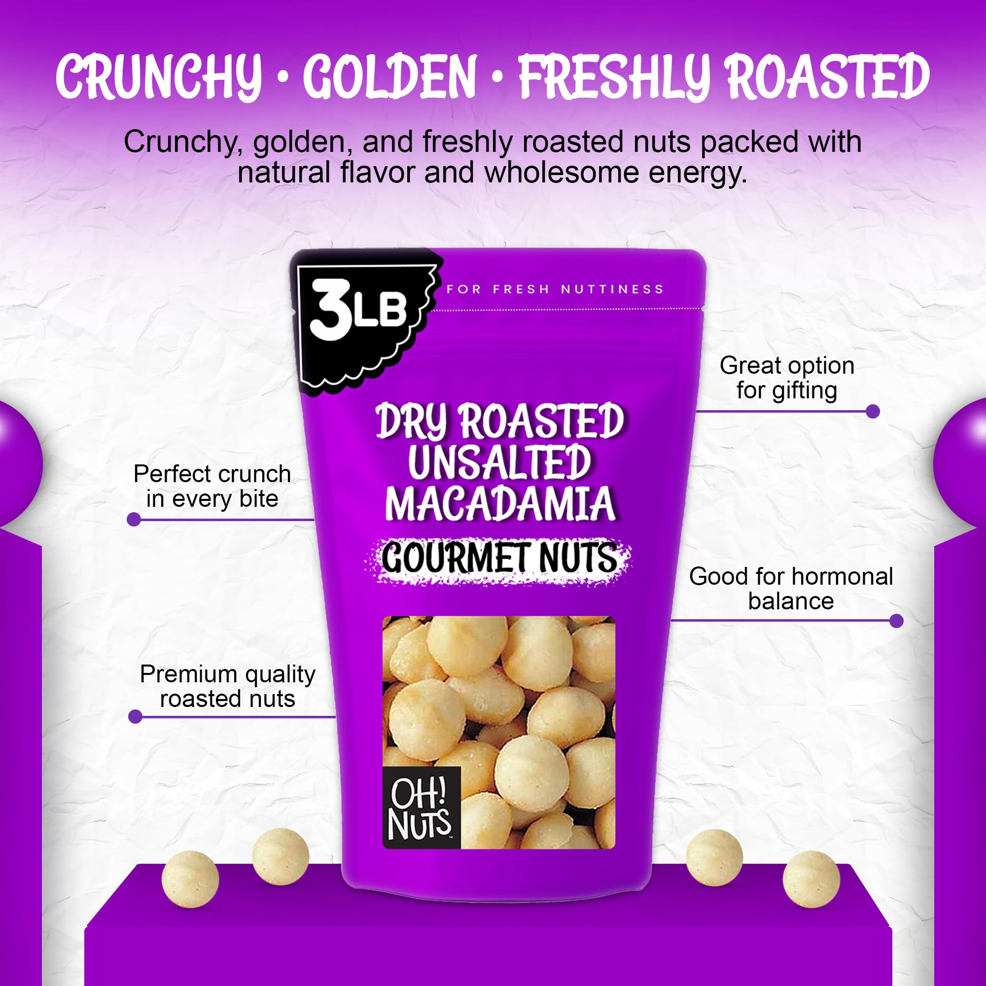 Oh! Nuts macadamia nuts in-hand snack view highlights portability