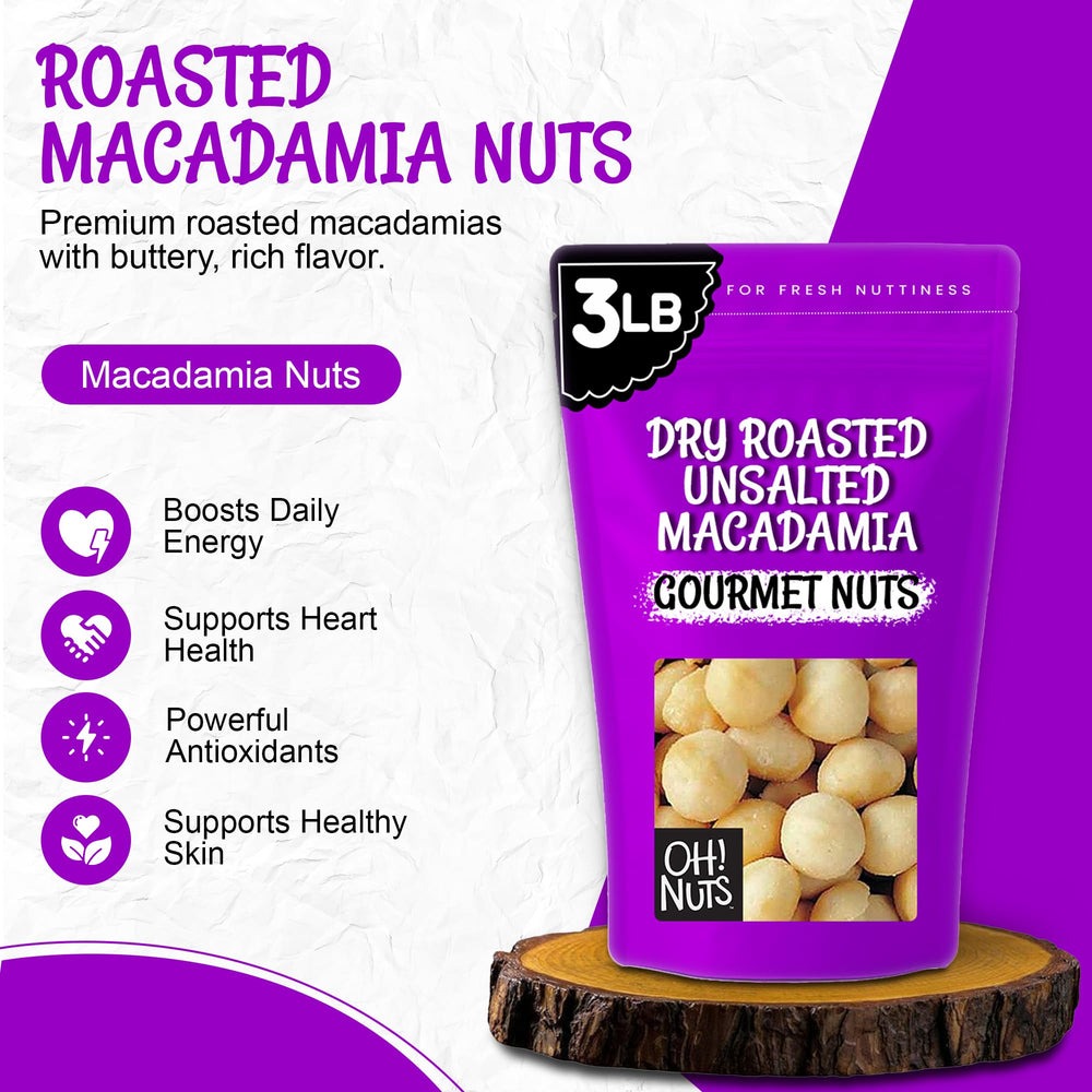 Oh! Nuts macadamia nuts unsalted snack-plate close-up shows premium wholesome snacking