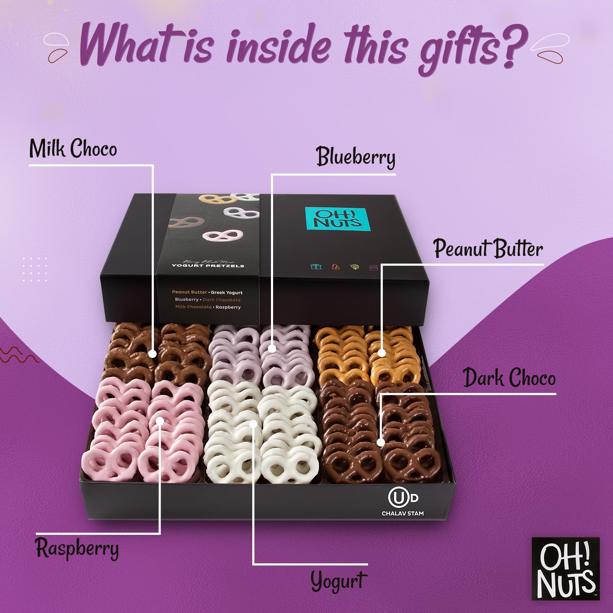 Six flavor Oh! Nuts pretzels dipped in milk and dark chocolate assortment.