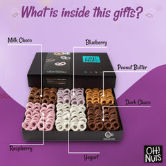 Six flavor Oh! Nuts pretzels dipped in milk and dark chocolate assortment.