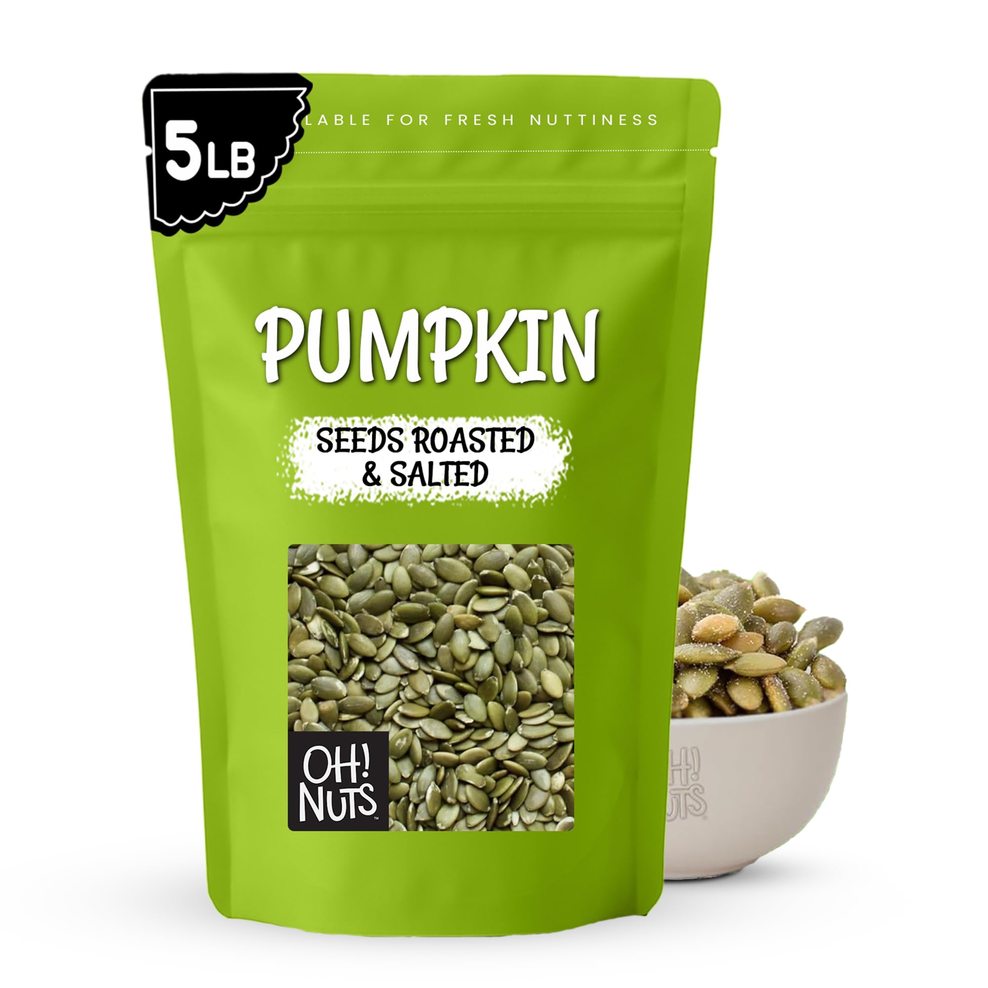 Oh! Nuts pumpkin seed roasted salted bulk bag shows fresh pepitas ideal for snacking.
