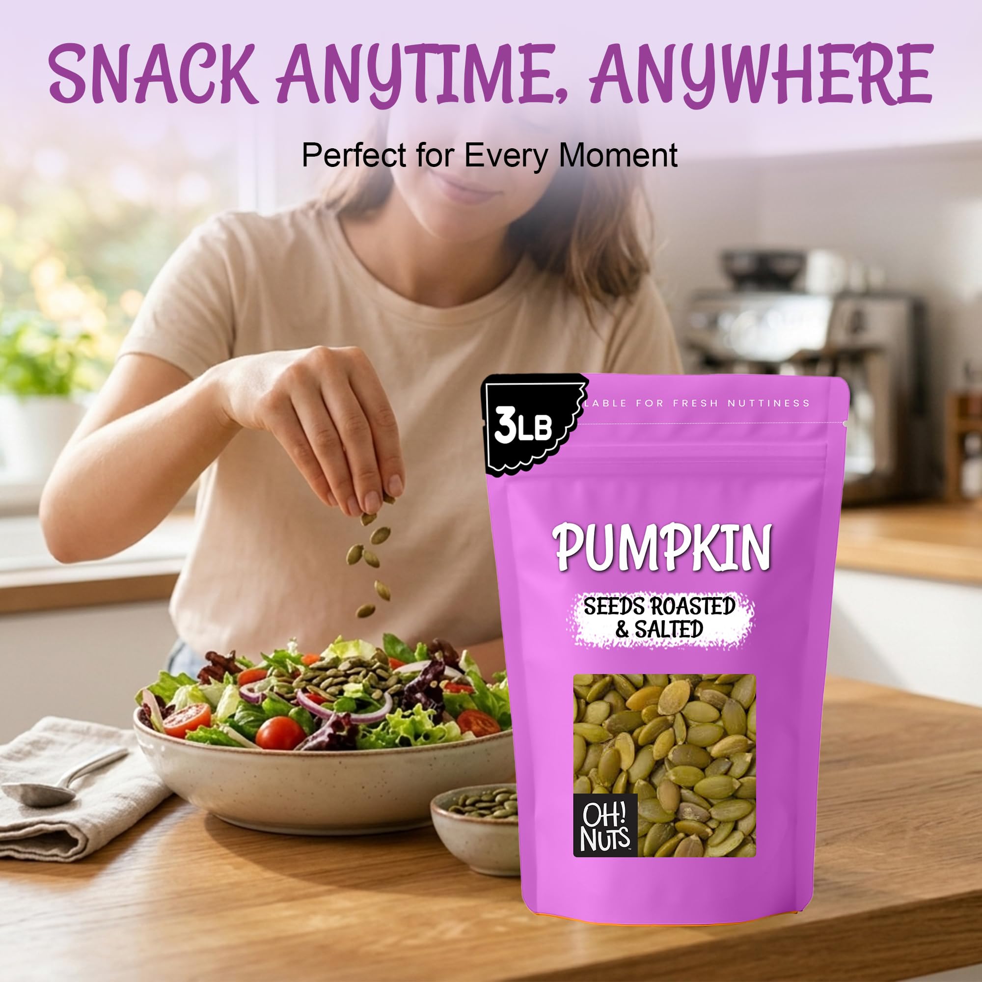 Roasted pumpkin seeds from Oh! Nuts used as a baking ingredient for crunch.