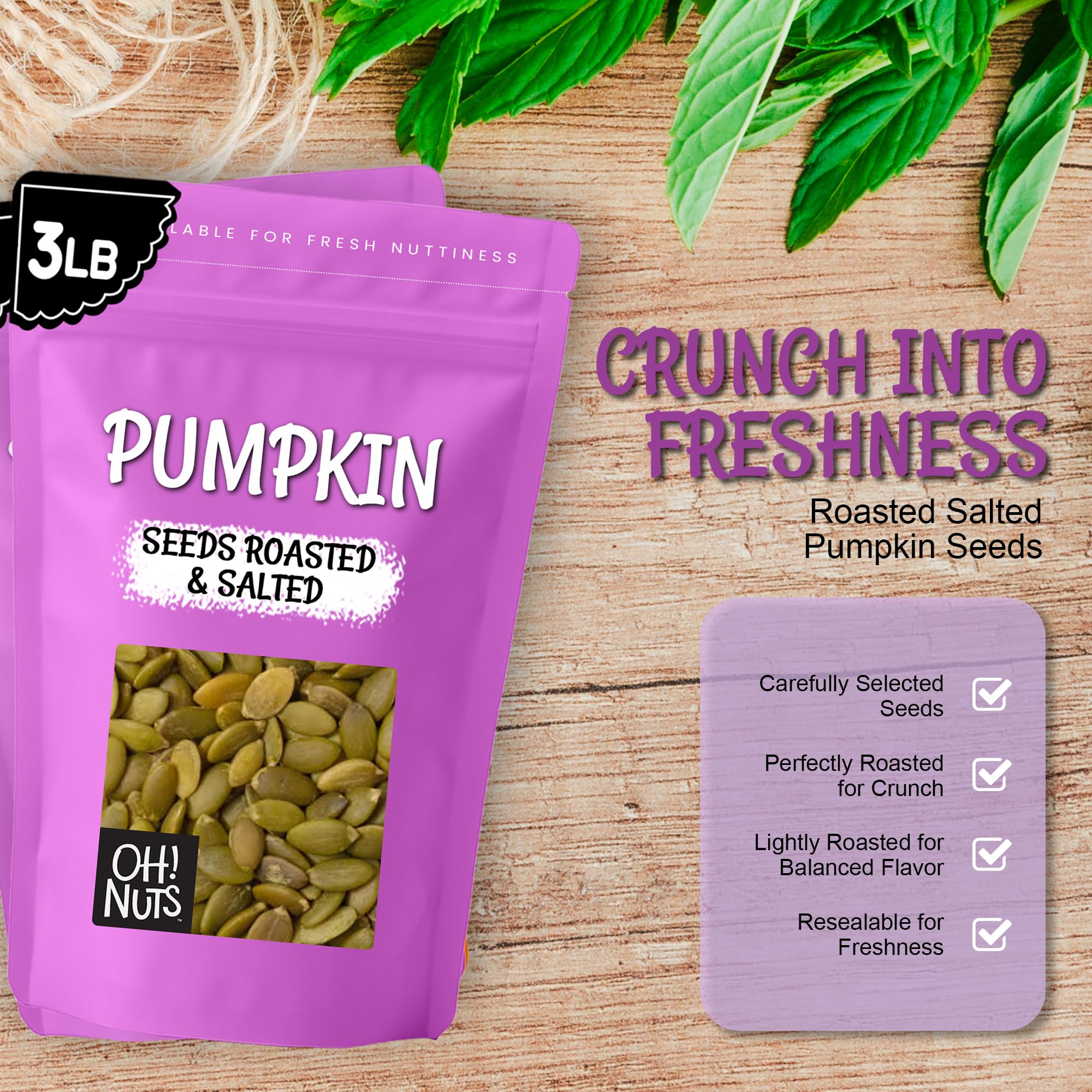 Kosher-certified Oh! Nuts pumpkin seeds reflecting quality and trust.