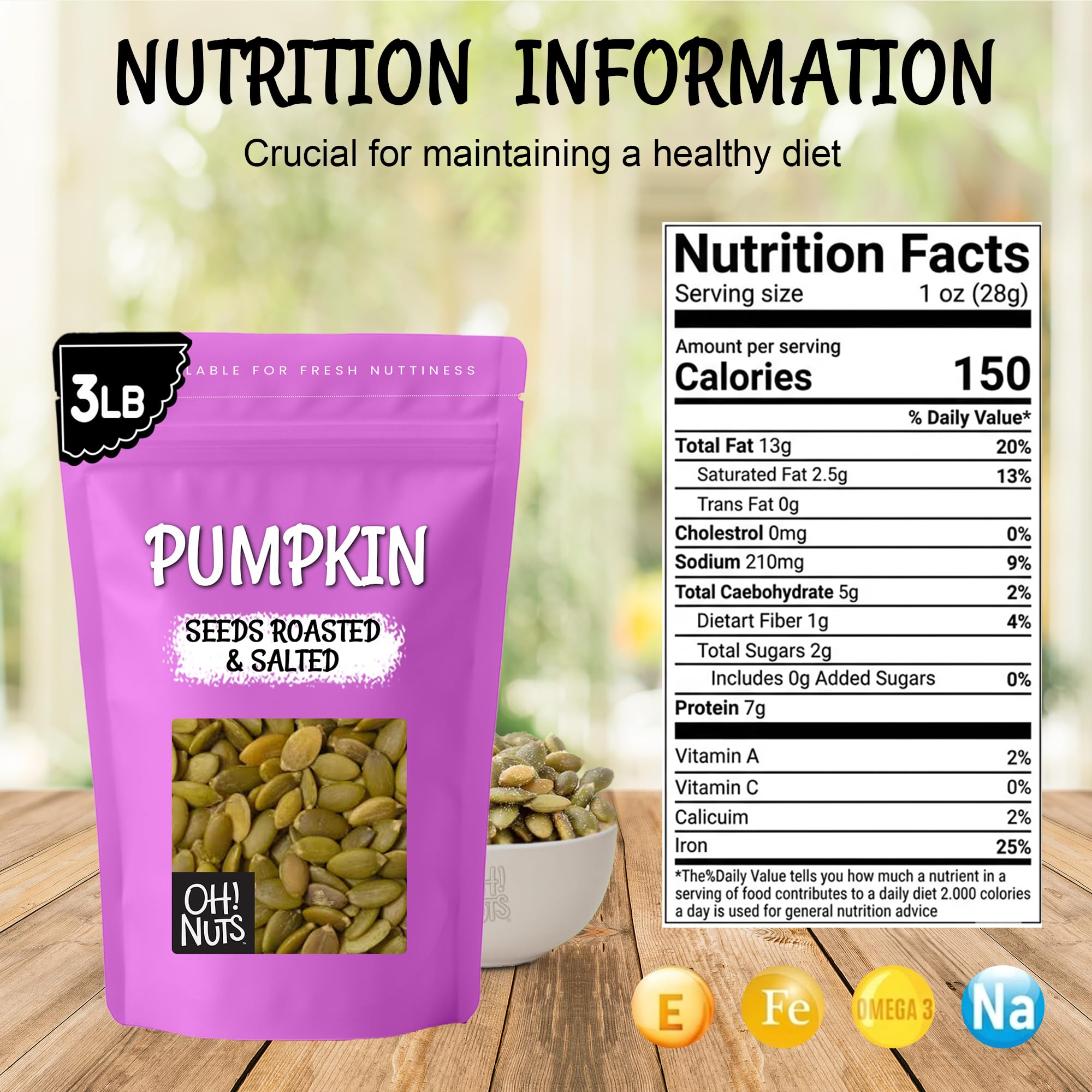 Close-up of No-shell pumpkin seeds from Oh! Nuts showing nutty crunch and golden color.