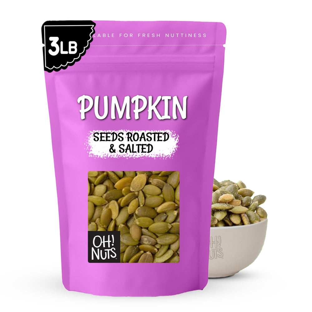 Oh! Nuts pumpkin seeds roasted salted in a 3 lb Zip-Seal bag for fresh snacking.