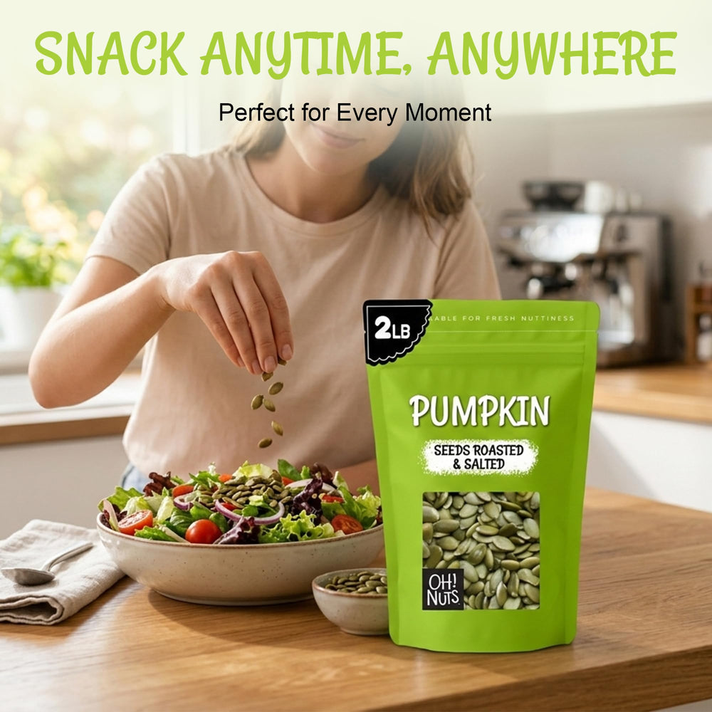 Oh! Nuts pumpkin seeds on salad add crunch and fiber-friendly texture.