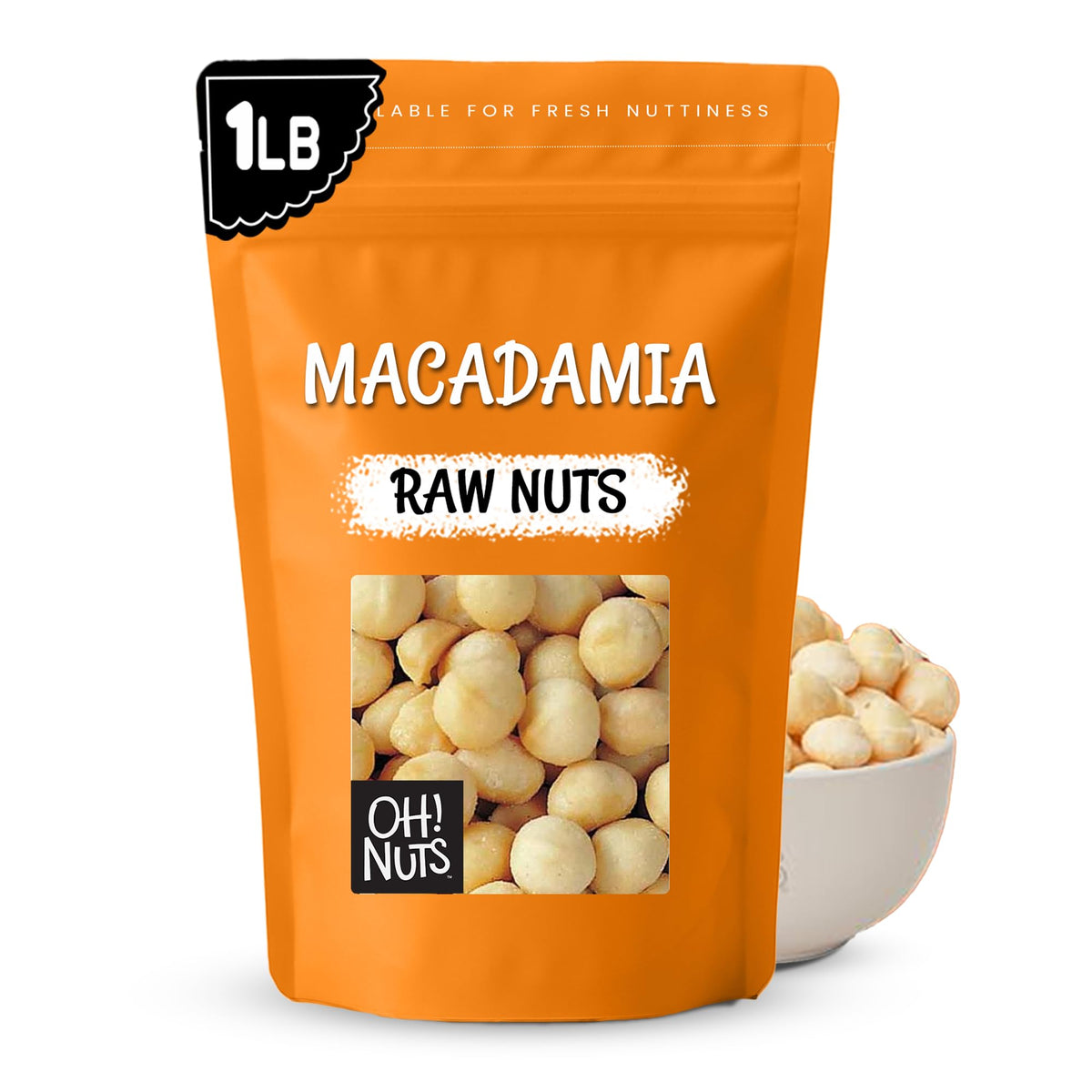 Oh! Nuts raw jumbo macadamia nuts in resealable bulk bag.